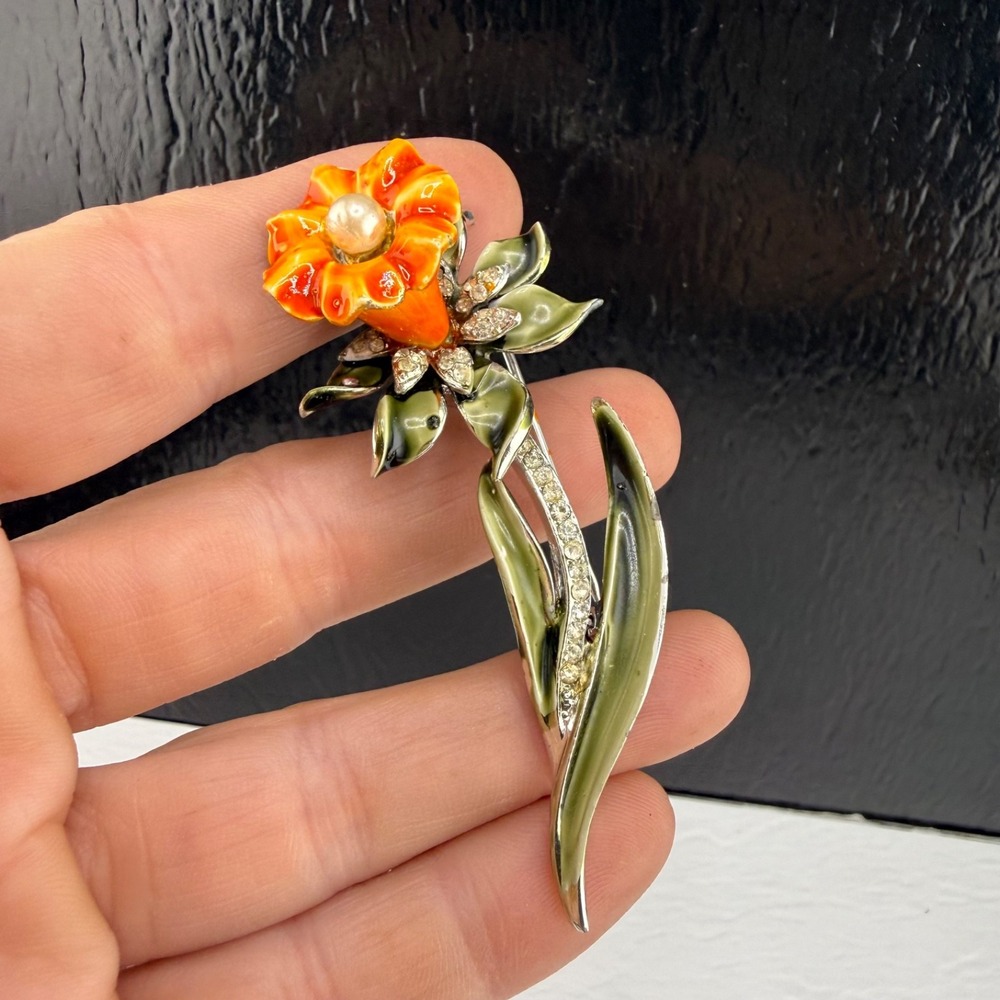 Vintage Coro Enamel Flower Brooch Silver Tone Signed Orange Rhinestones